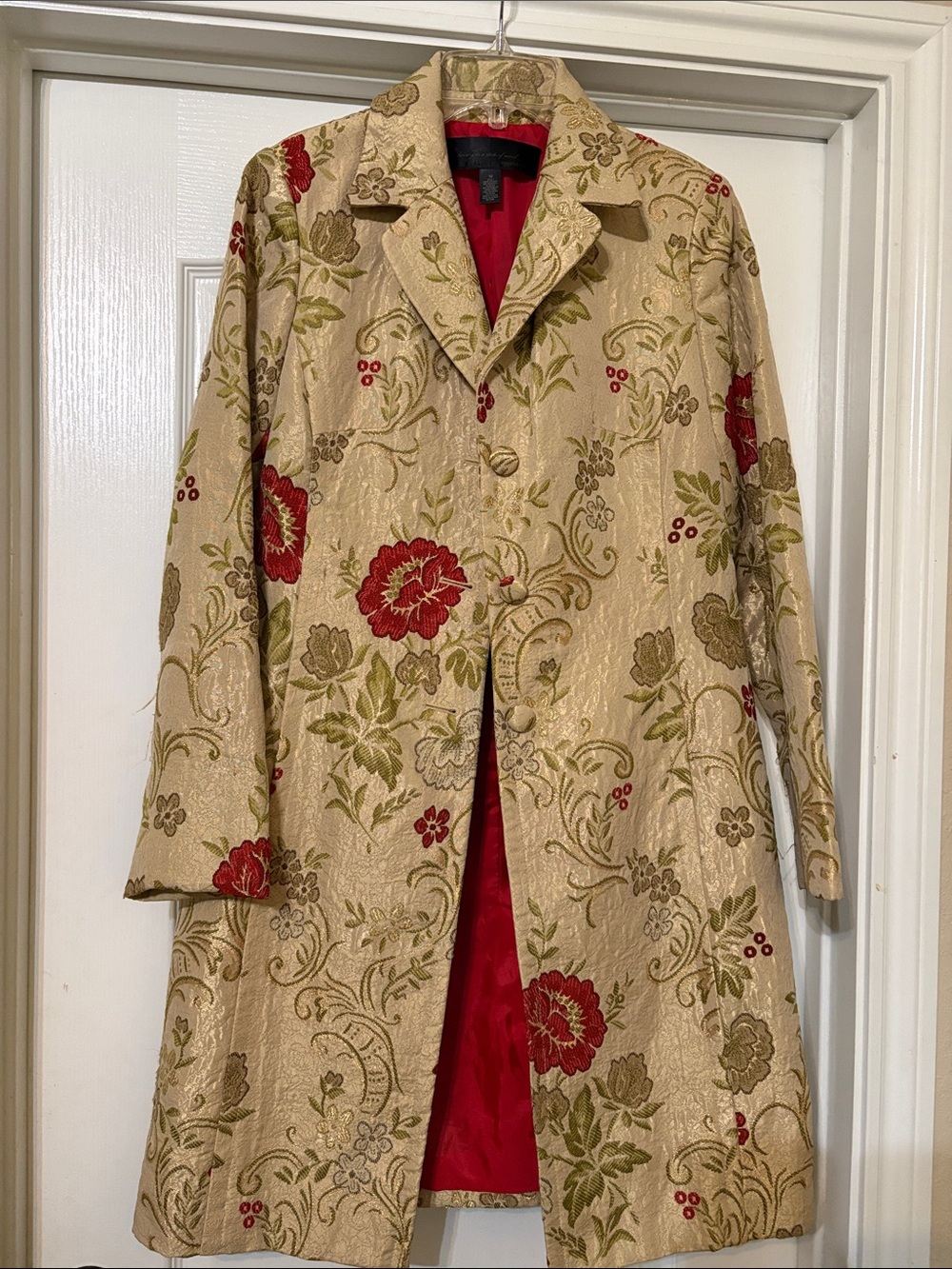 Apostrophe Beige Brocade Trench Coat with Red Floral Accents - Picture 1 of 5